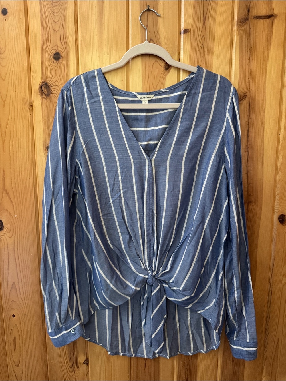 Max Studio Blue and White Striped Knot-Front V-Neck Blouse